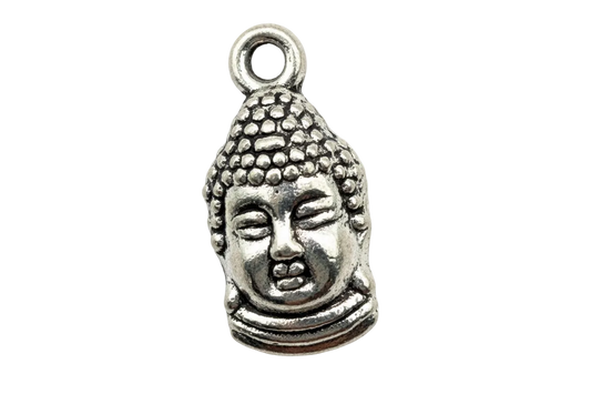 Oxidized silver-tone Buddha head charm with detailed face and textured hair