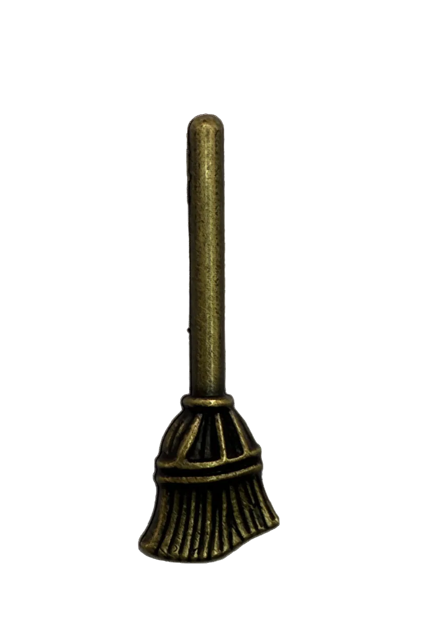 Antique gold broomstick charm with sculpted bristle detail