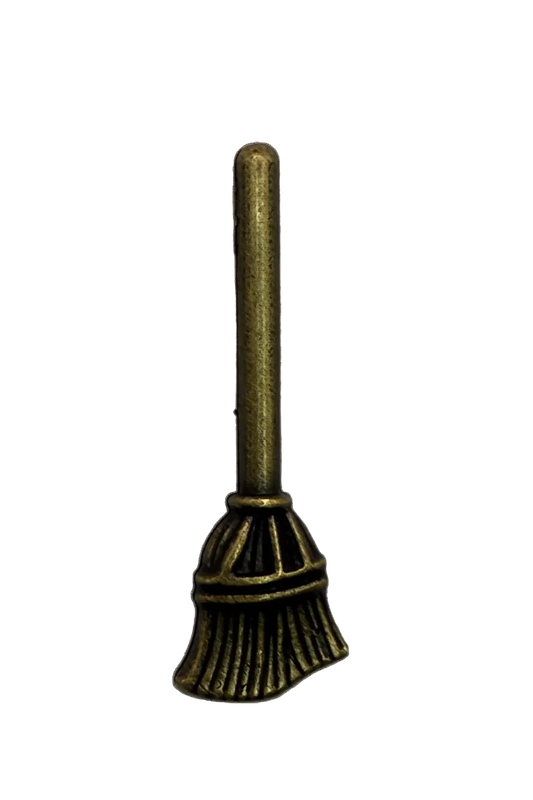 Antique gold broomstick charm with sculpted bristle detail
