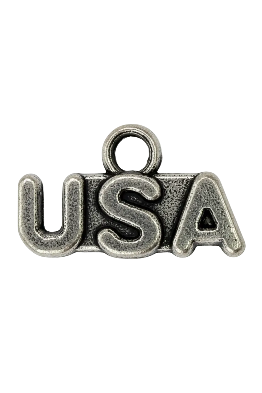 Antiqued silver-tone USA letter charm with a small round white gem accent