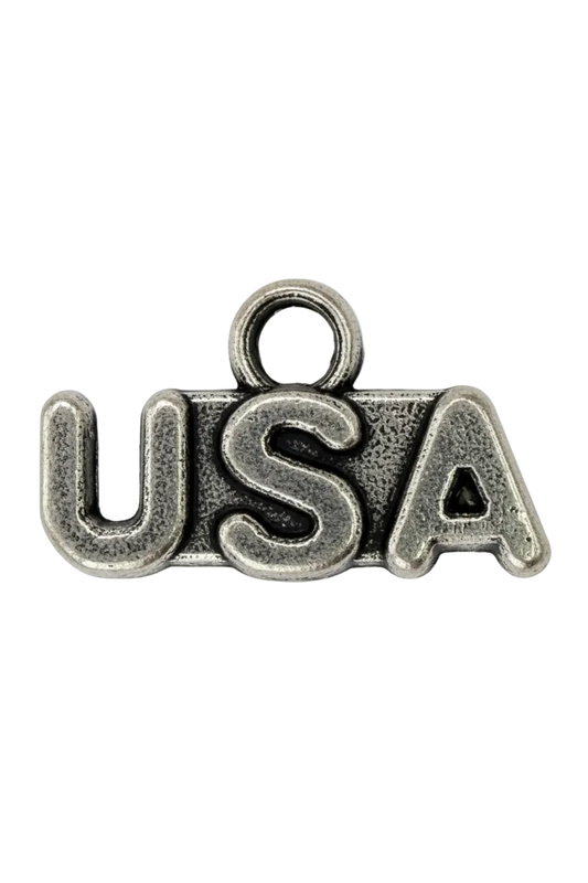Antiqued silver-tone USA letter charm with a small round white gem accent