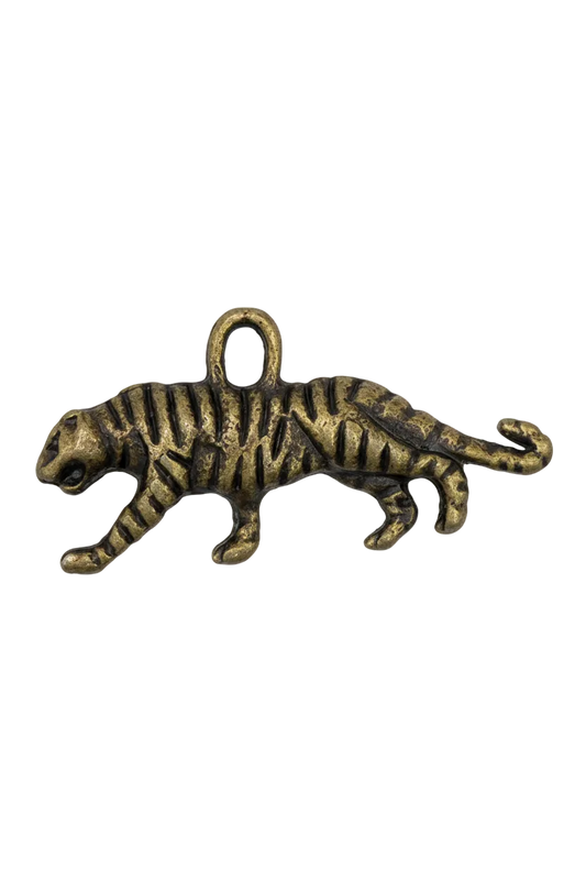 Antiqued gold tiger silhouette with raised striped detailing and darkened lowlights