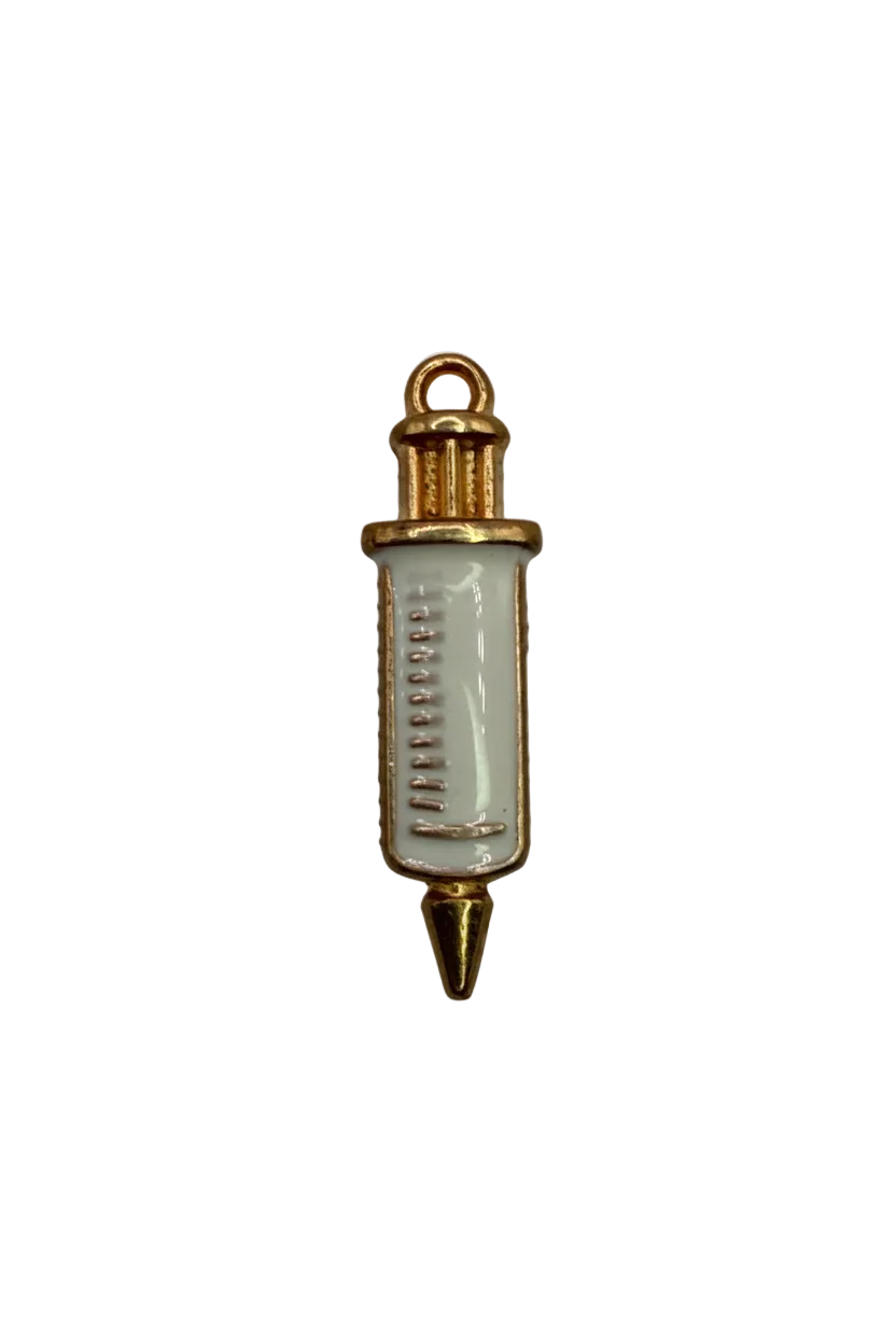 Glossy white syringe motif outlined in gold on a black background