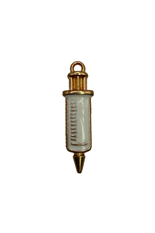Glossy white syringe motif outlined in gold on a black background