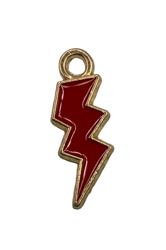 Deep red enamel lightning bolt with gold outline