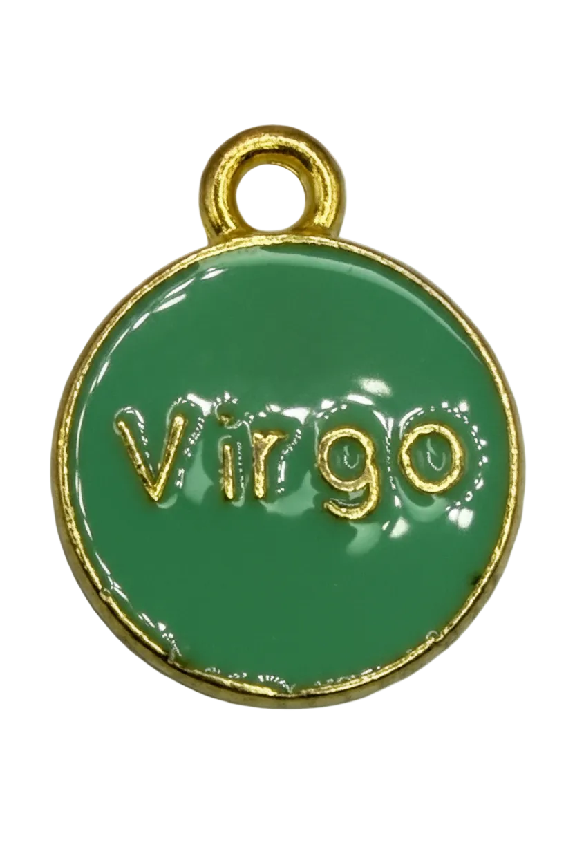 Glossy green enamel Virgo zodiac coin with raised gold symbol, lettering, and border