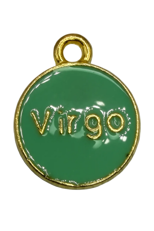 Glossy green enamel Virgo zodiac coin with raised gold symbol, lettering, and border