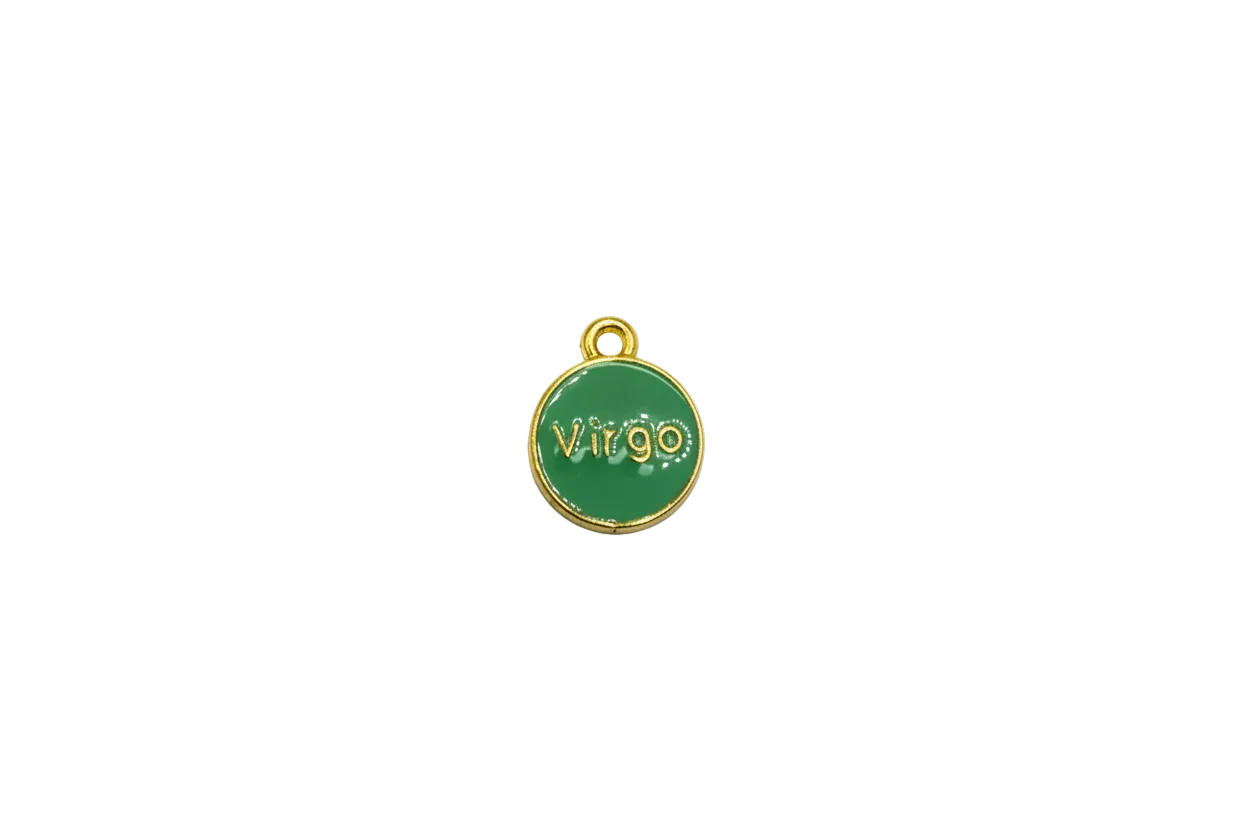 Green enamel Virgo zodiac coin with raised gold symbol
