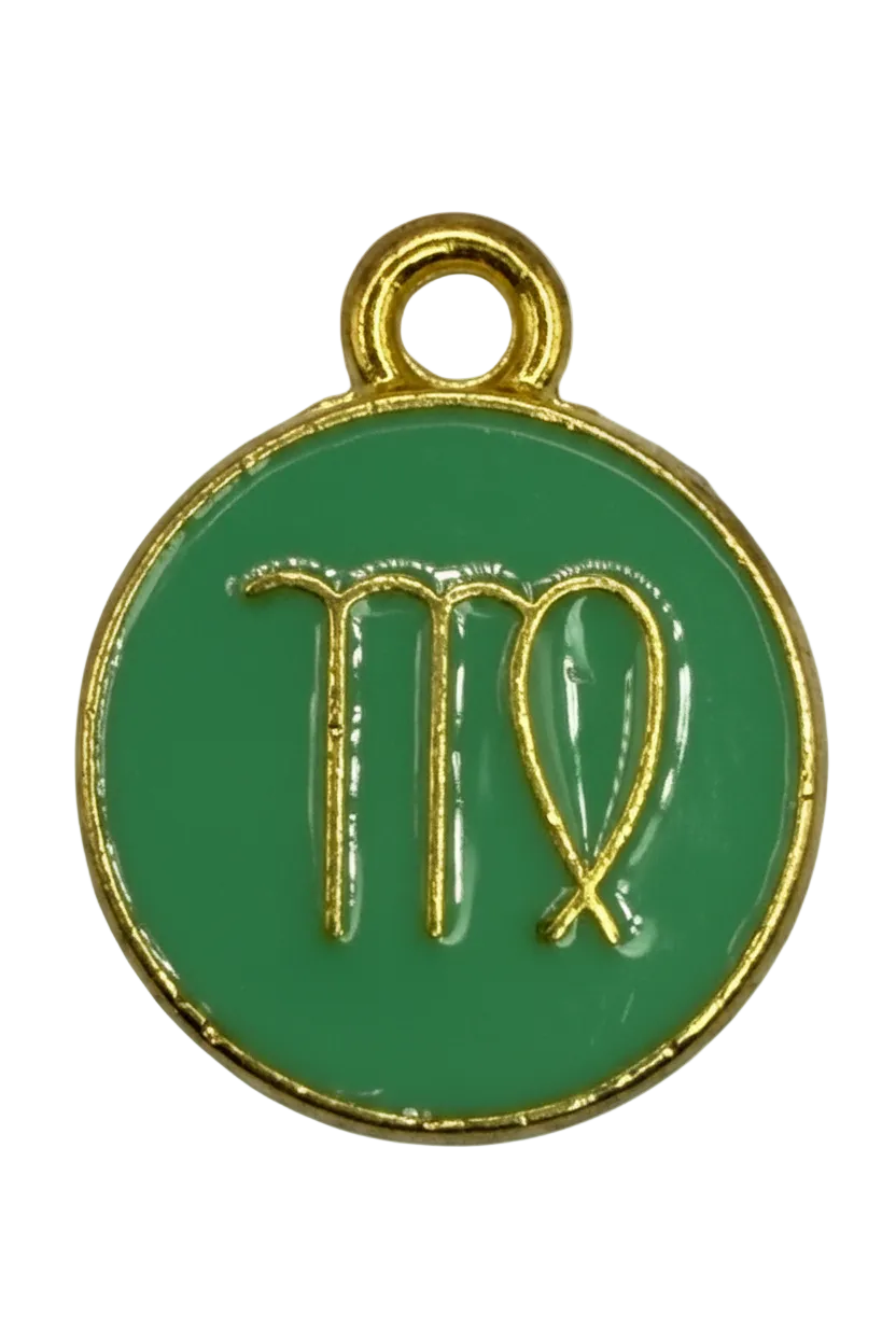 Glossy green enamel round Virgo zodiac disc in gold with a small clear crystal accent