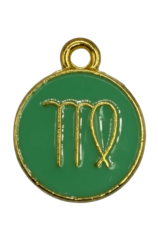 Glossy green enamel round Virgo zodiac disc in gold with a small clear crystal accent