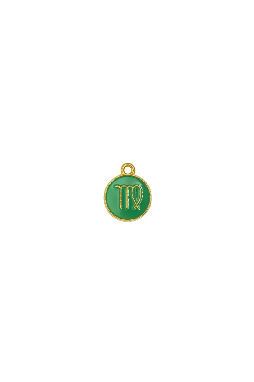 Green enamel Virgo zodiac disc in gold with clear crystal accent