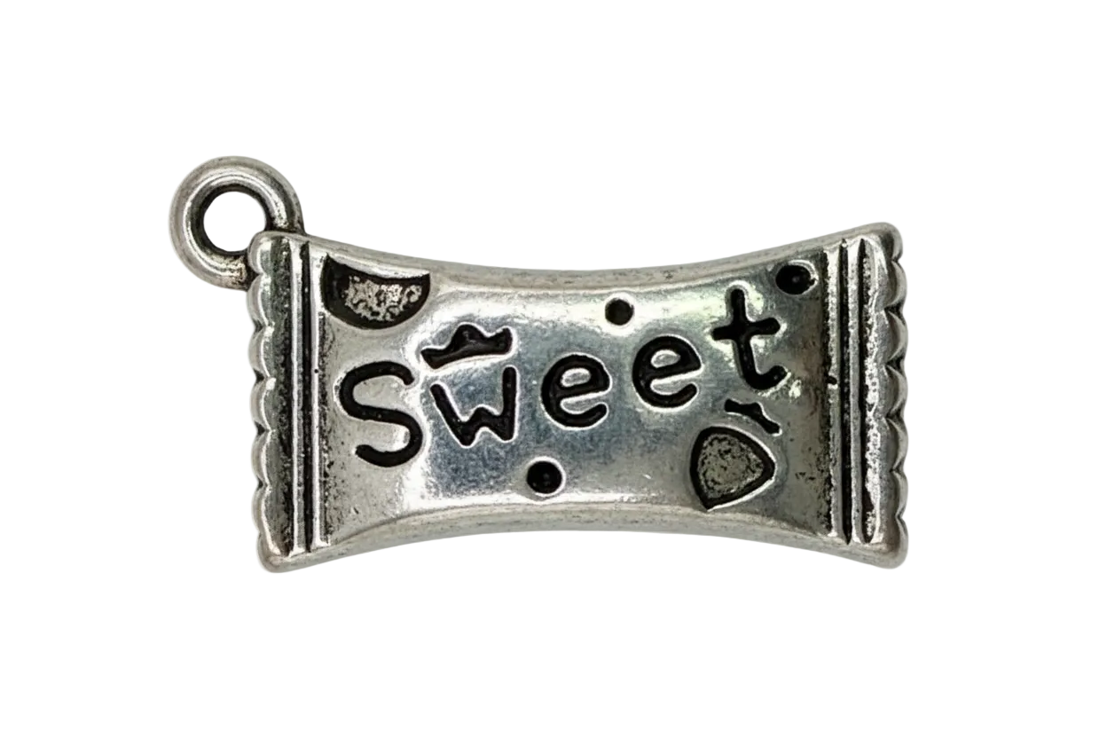 Antiqued silver banner piece with cutout “jeans” lettering and small cowboy hat detail