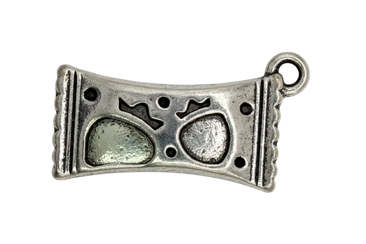 Antiqued silver curved bar with two embossed money bag icons and dark oxidized details