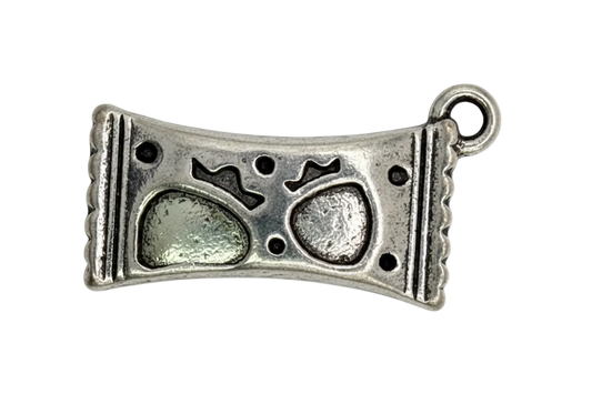 Antiqued silver curved bar with two embossed money bag icons and dark oxidized details