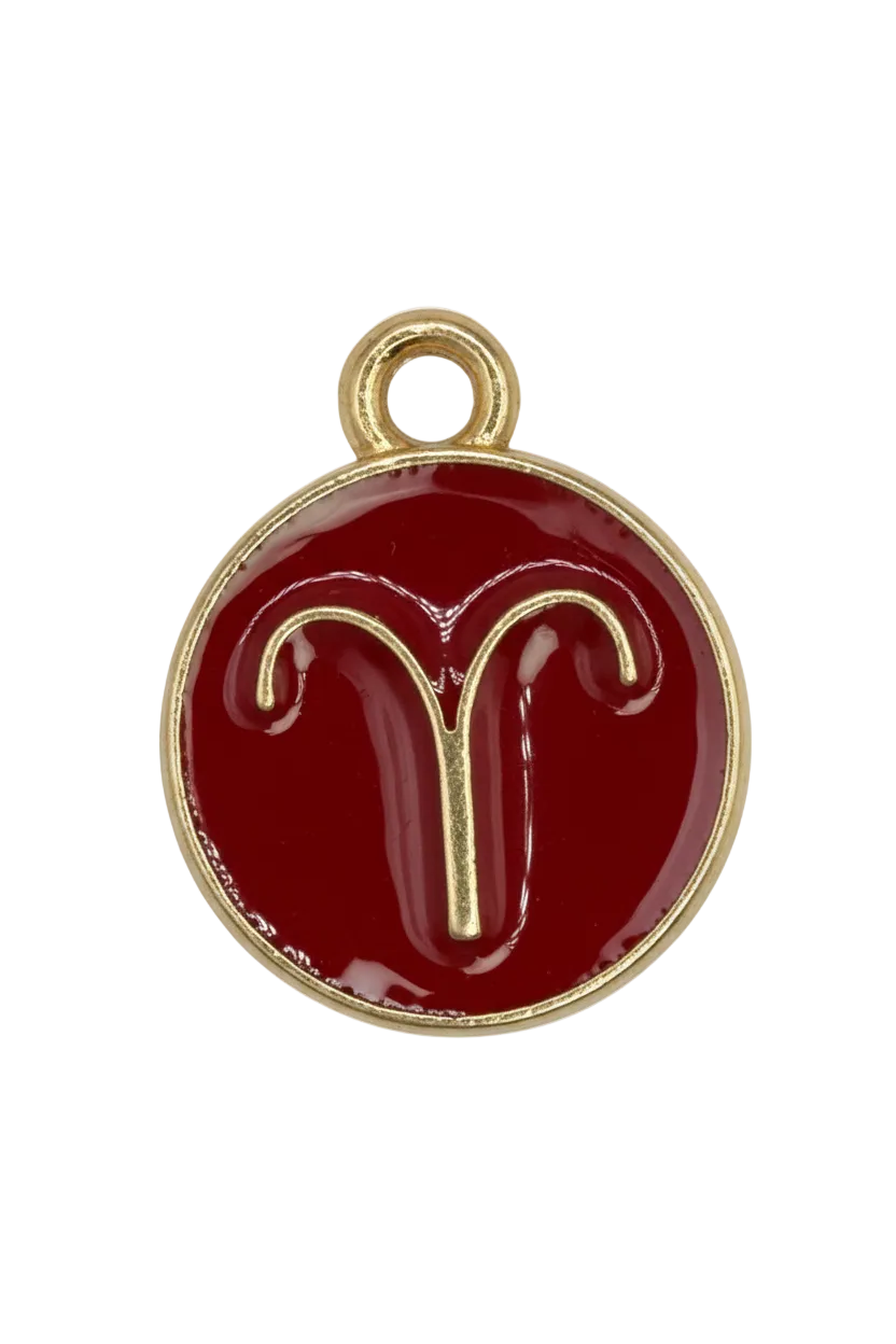 Round glossy red enamel medallion with gold script E initial and gold rim