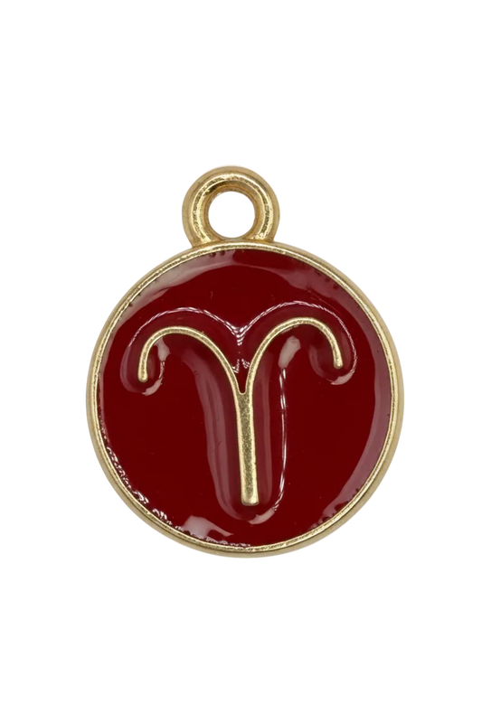 Round glossy red enamel medallion with gold script E initial and gold rim