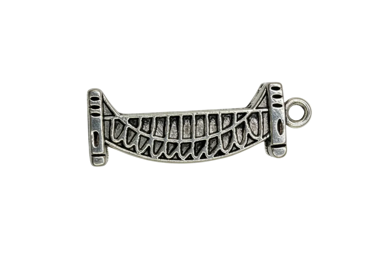 Antique-finish silver suspension bridge span with cutout detailing and darkened accents