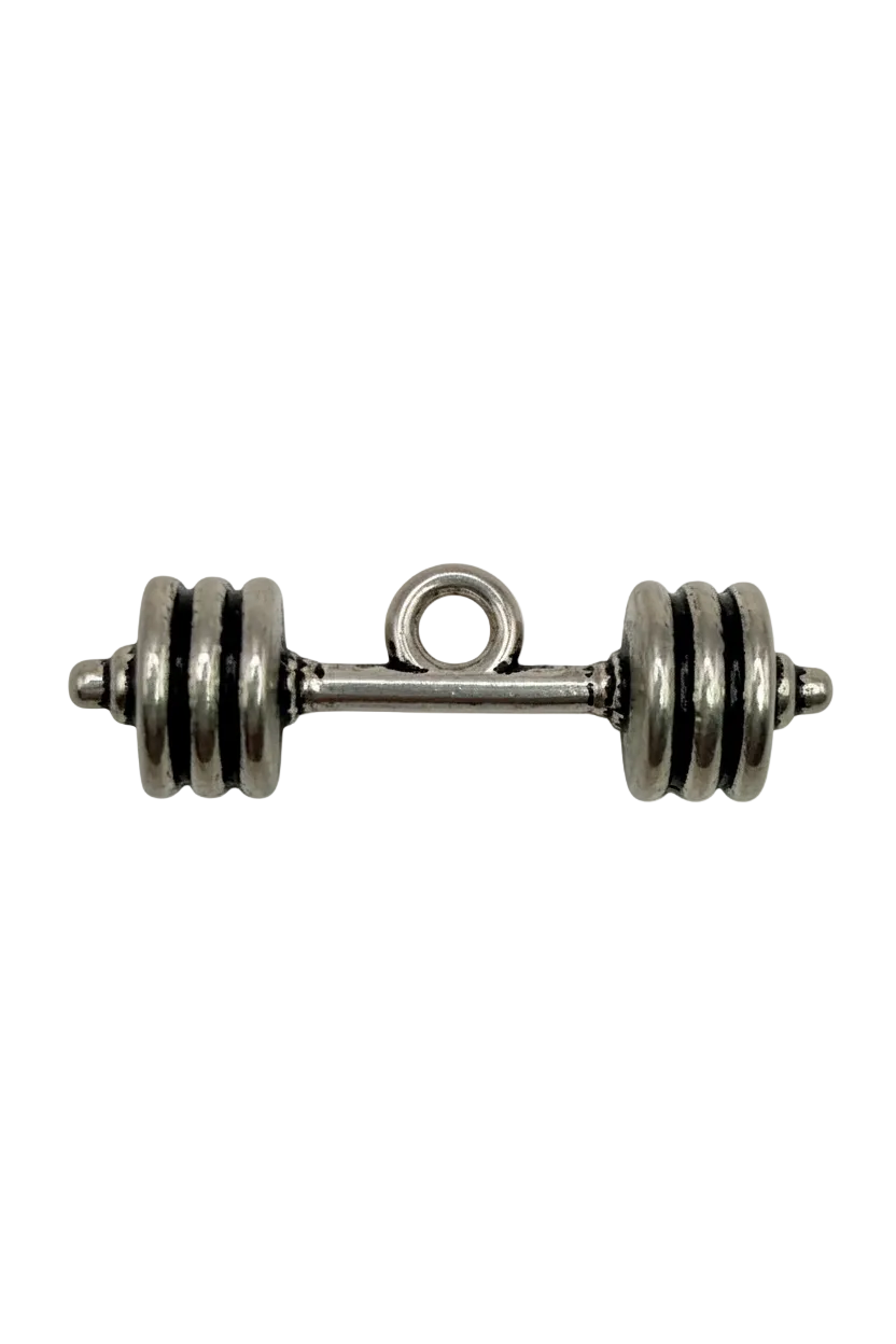 Polished silver dumbbell weight pendant with ridged ends