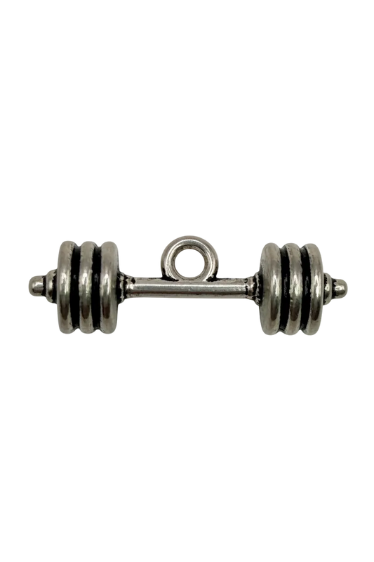 Polished silver dumbbell weight pendant with ridged ends