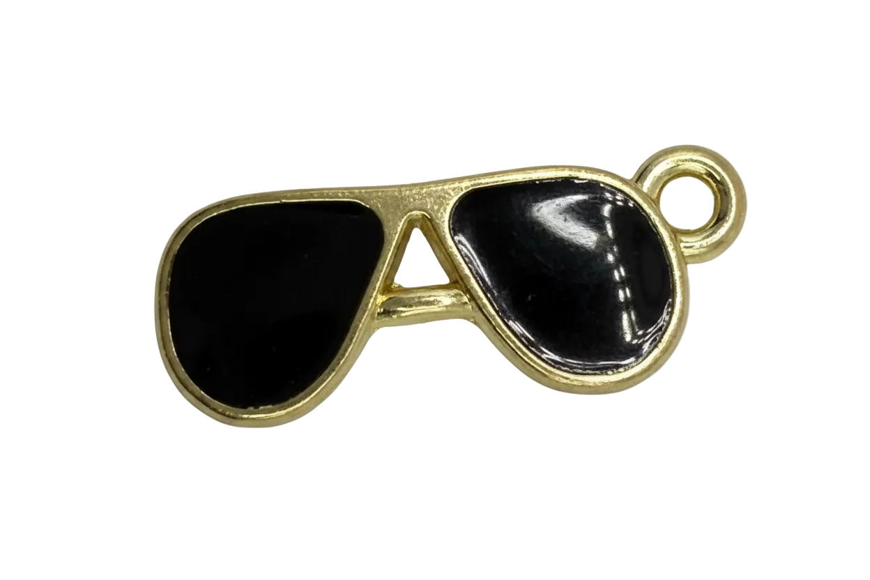 Gold aviator sunglasses charm with glossy black lenses and a small clear crystal accent