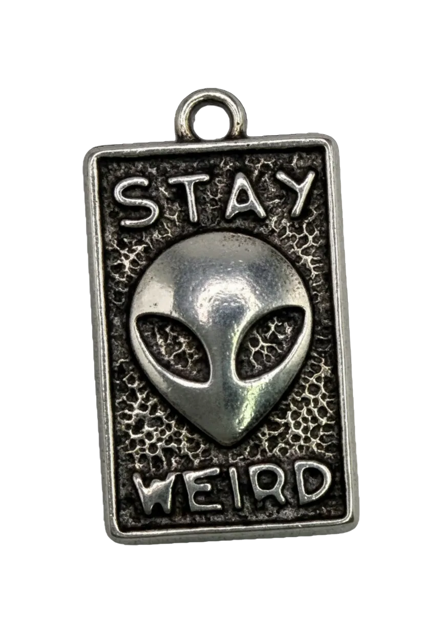 Antiqued silver rectangular plaque with raised alien face and “STAY WEIRD” text on textured dark background