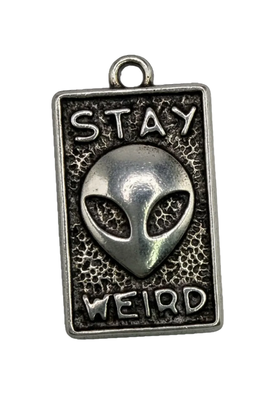 Antiqued silver rectangular plaque with raised alien face and “STAY WEIRD” text on textured dark background