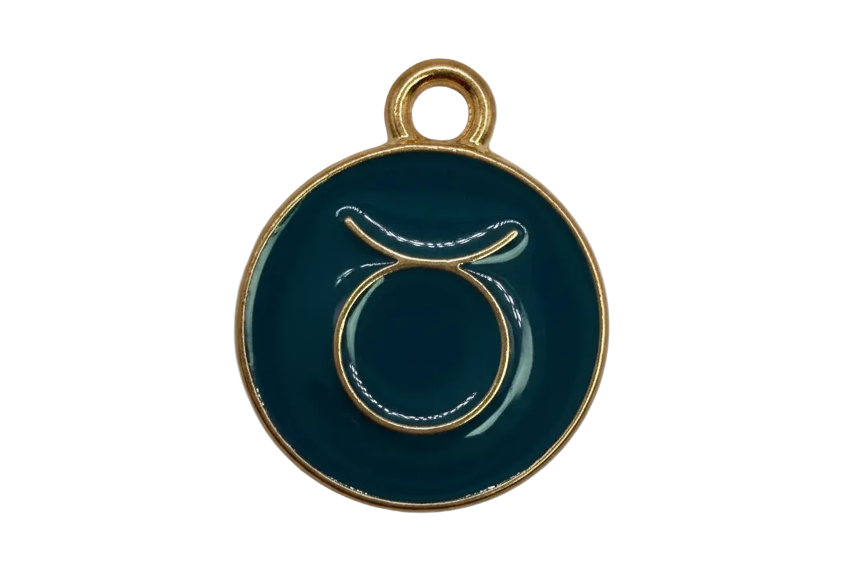 Glossy navy enamel disc with gold alpha symbol and gold border