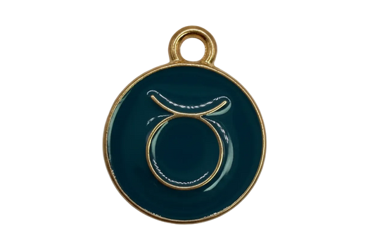 Glossy navy enamel disc with gold alpha symbol and gold border