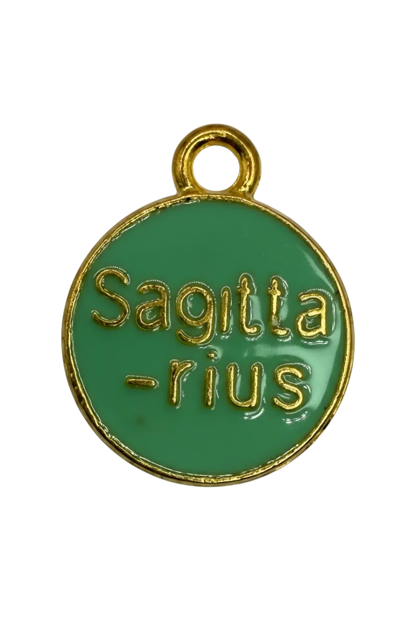 Mint green enamel word disc with raised gold "smitten" lettering and gold rim