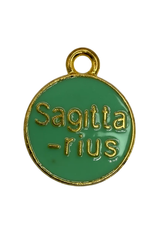 Mint green enamel word disc with raised gold "smitten" lettering and gold rim
