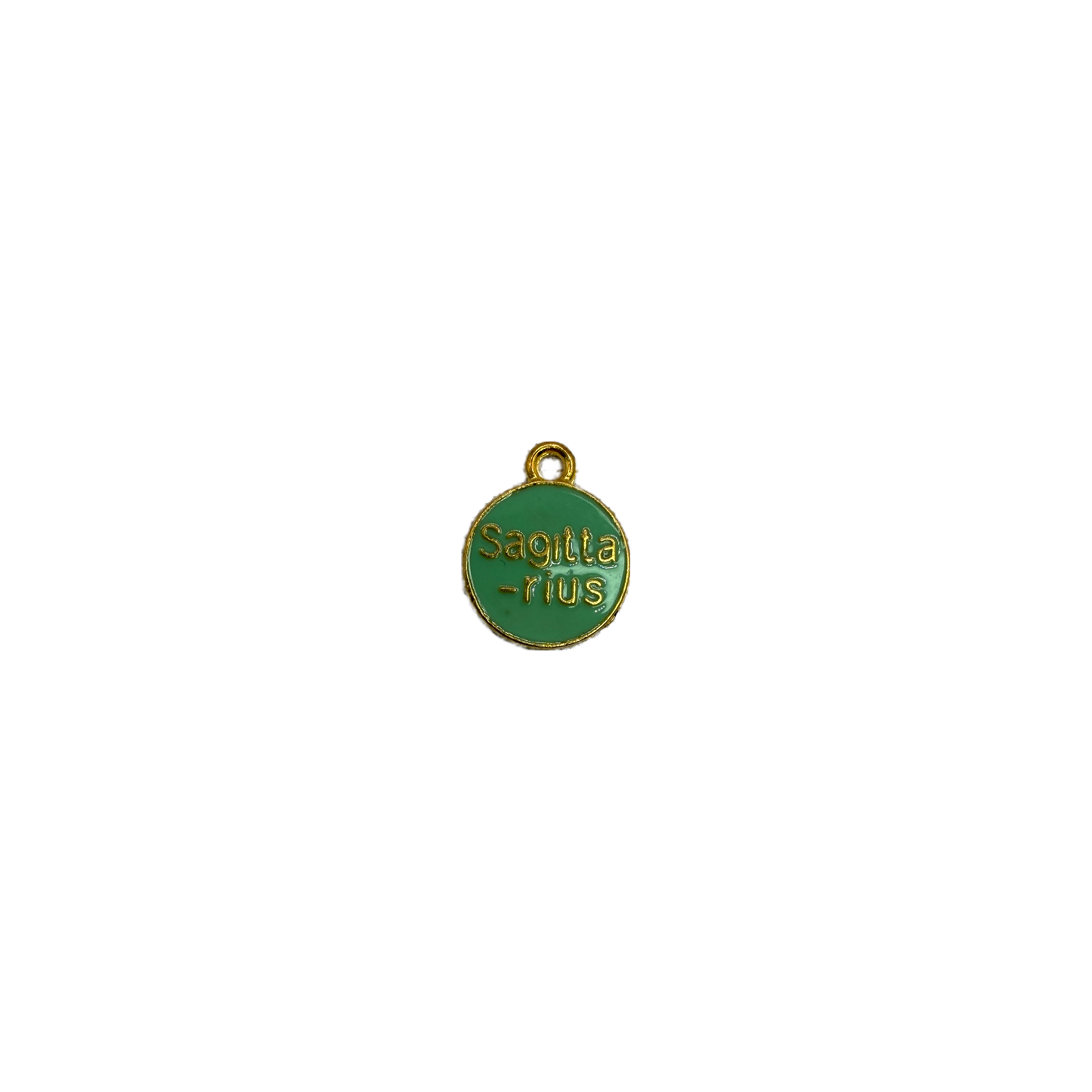 Mint green enamel disc with raised gold "smitten" lettering