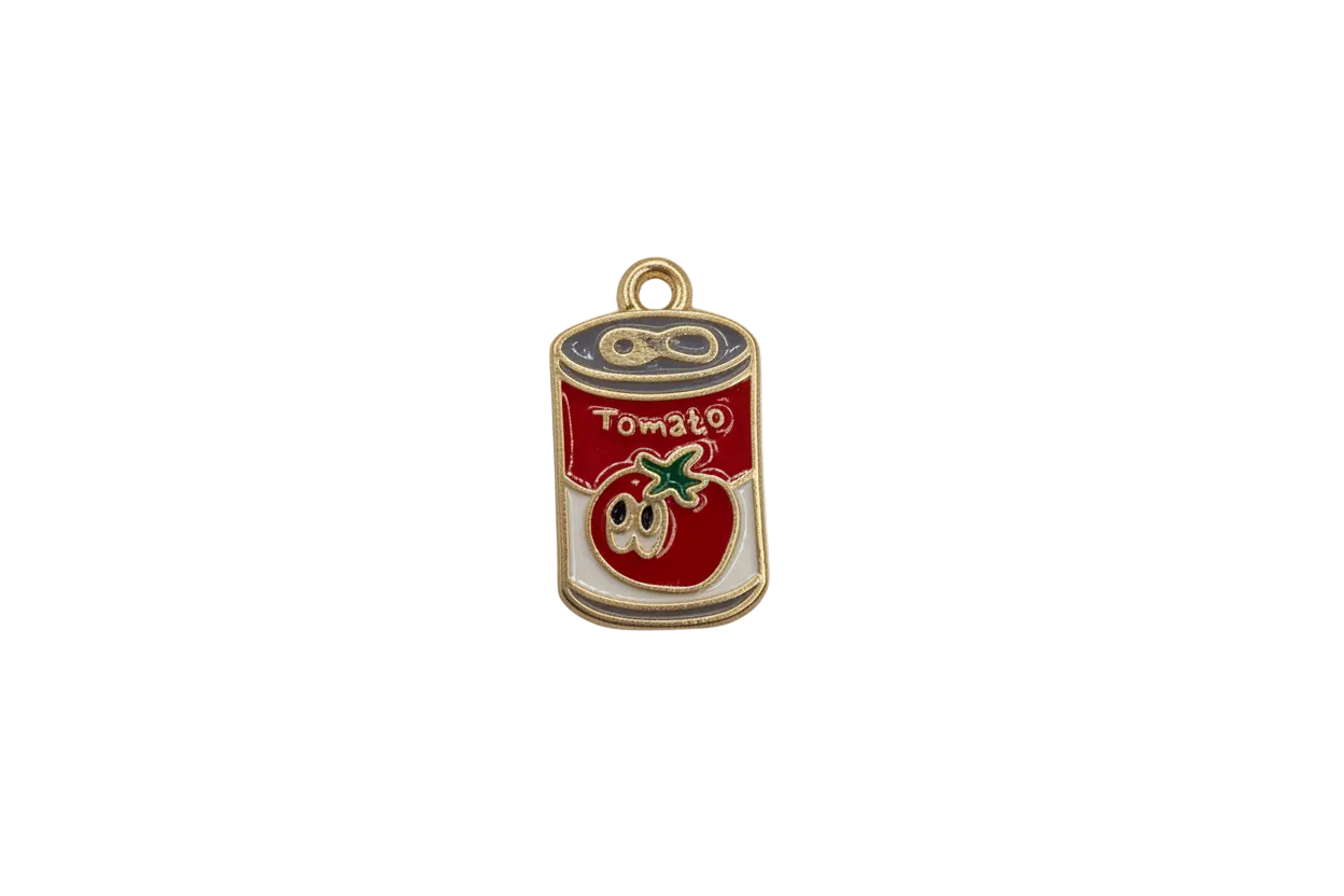 Red tomato soup can with gold outline and clear gem accent