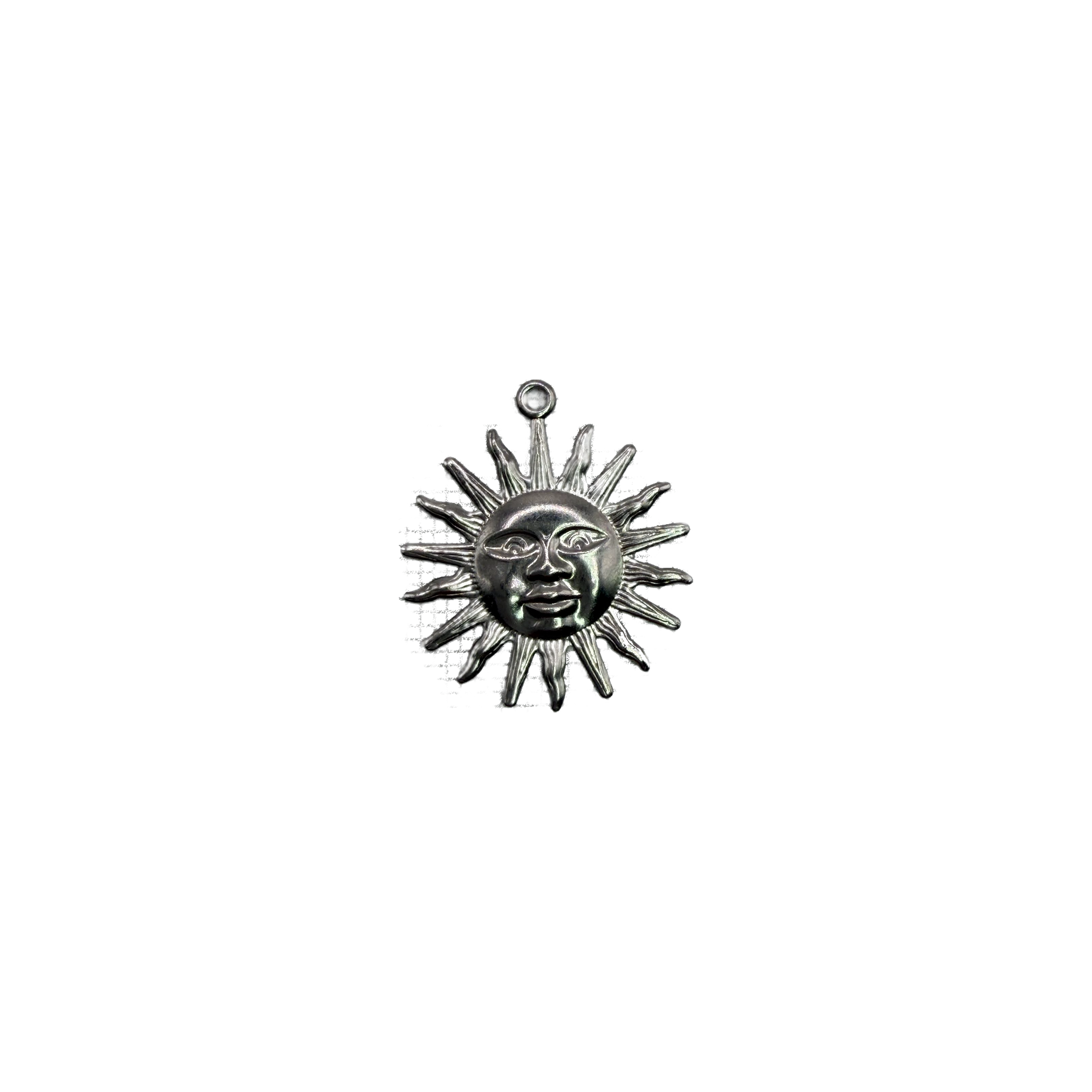Silver sun face with rays and clear gem accent