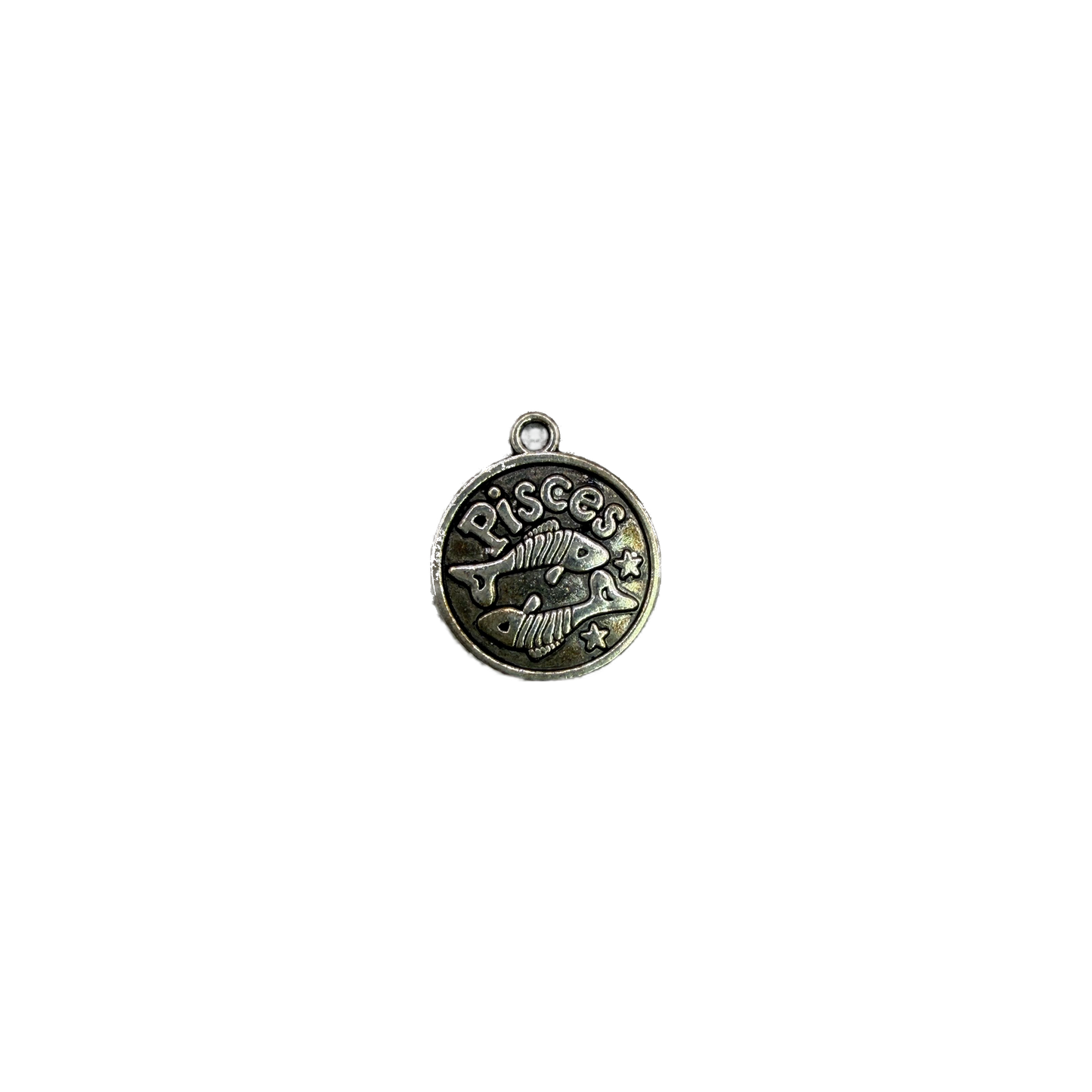 Antiqued silver Pisces coin with twin fish and stars