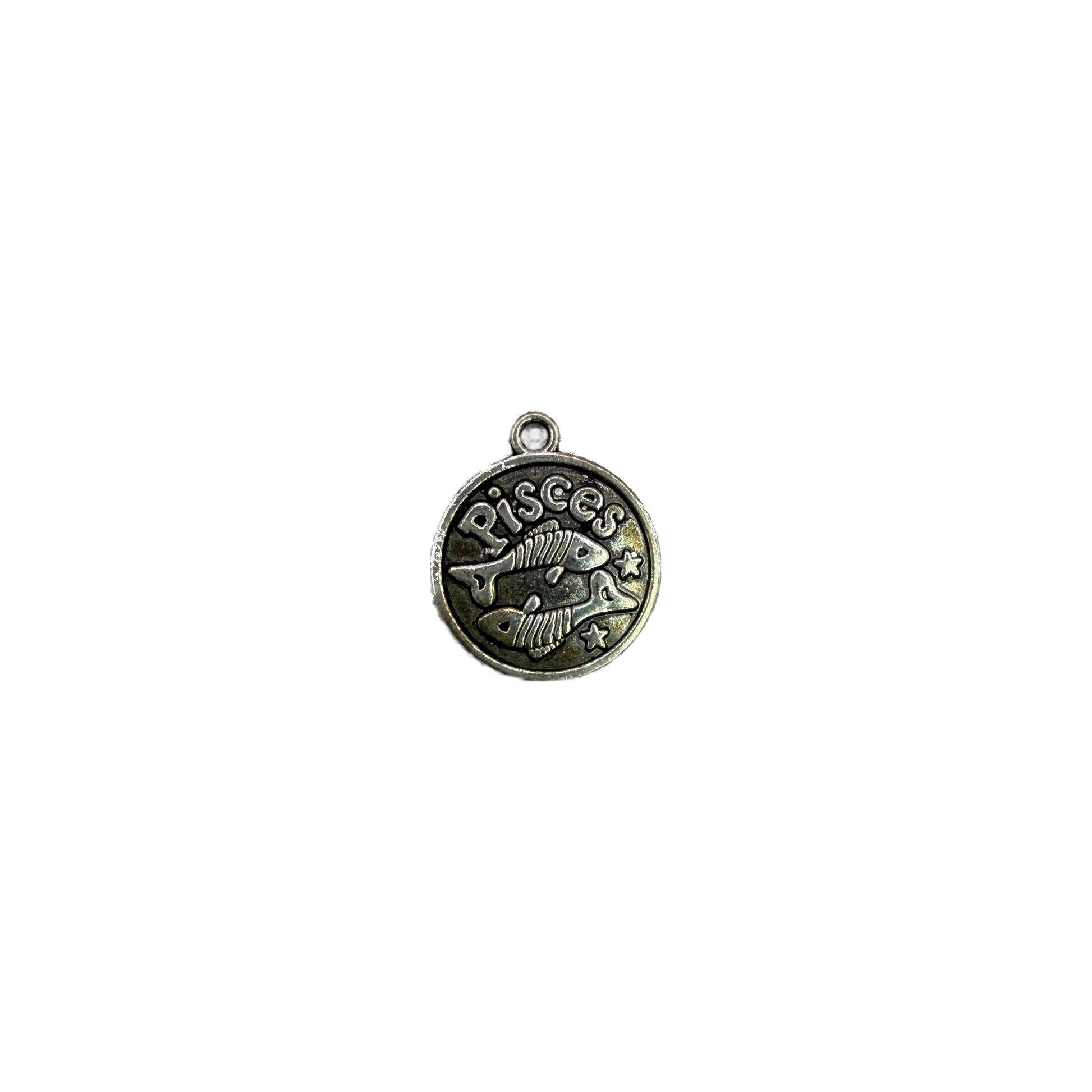 Antiqued silver Pisces coin with twin fish and stars