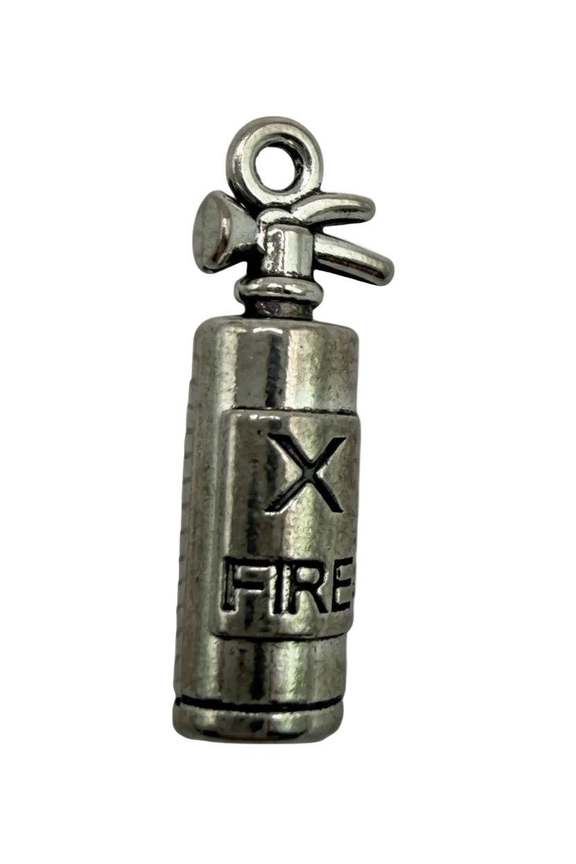 Oxidized silver mini fire extinguisher charm with engraved “FIRE” and X detail