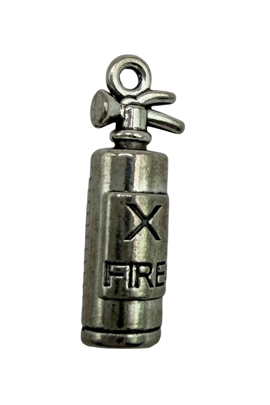 Oxidized silver mini fire extinguisher charm with engraved “FIRE” and X detail