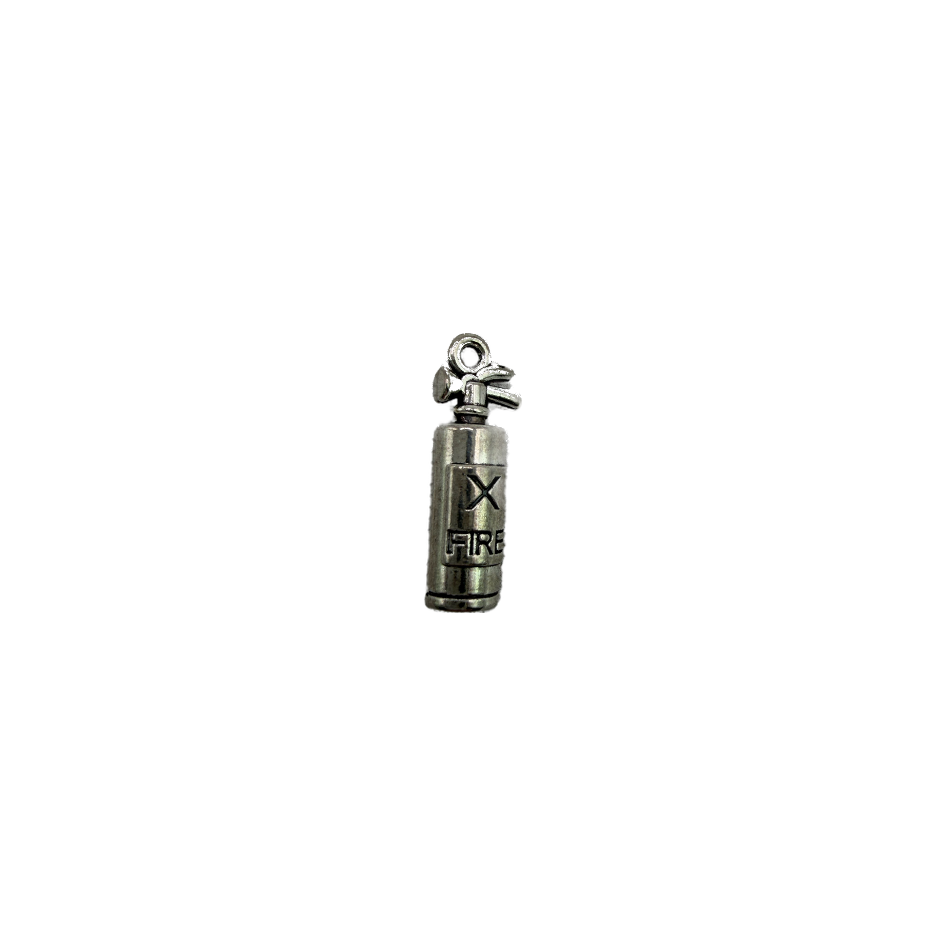 Oxidized silver mini fire extinguisher with “FIRE” engraving