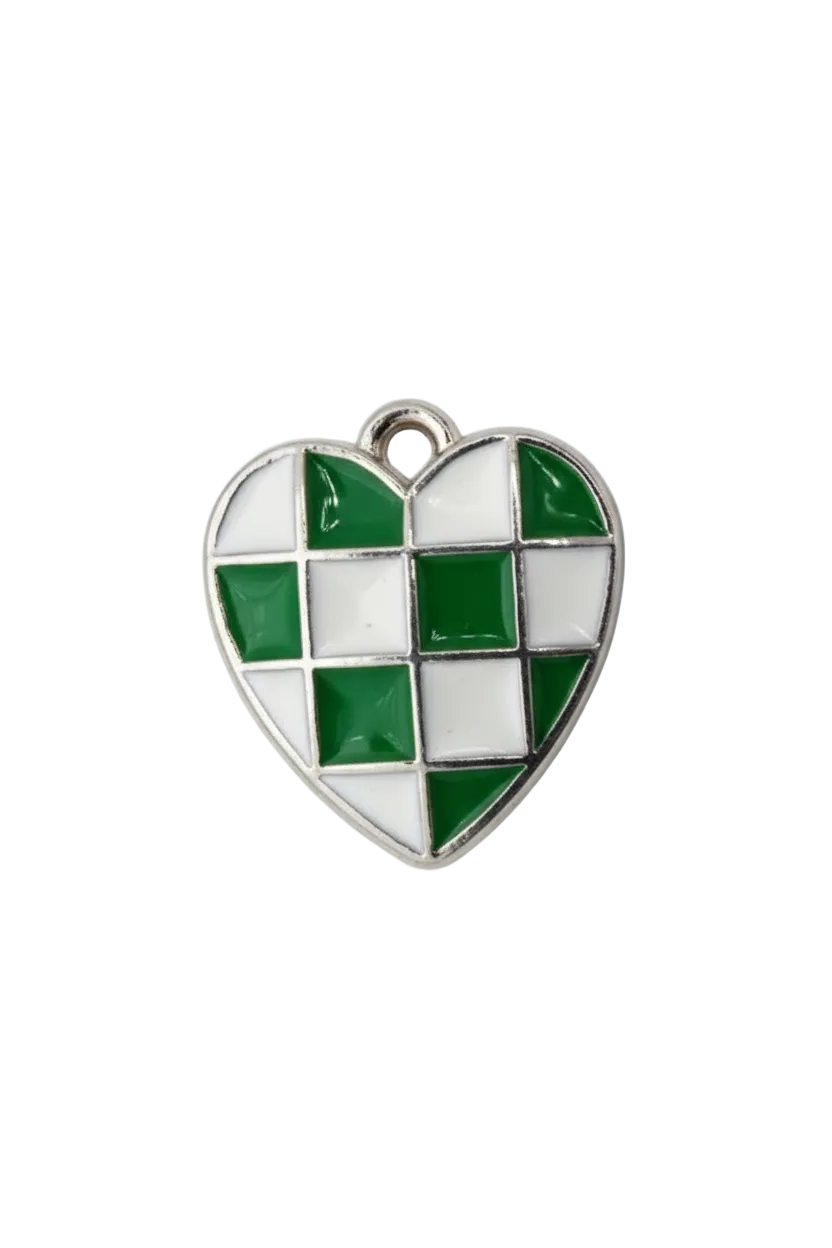 Green and white checkered enamel heart in polished silver-tone metal