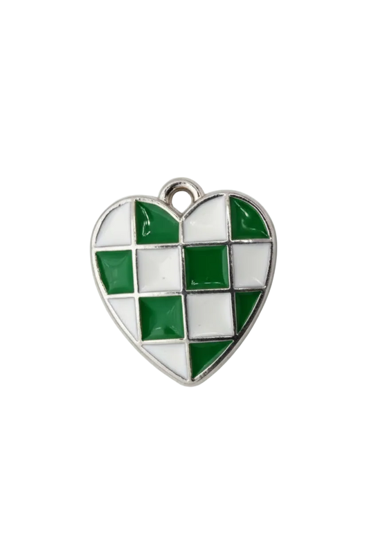 Green and white checkered enamel heart in polished silver-tone metal