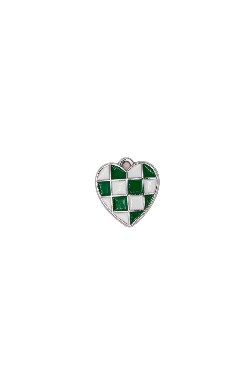Green and white checkered enamel heart, silver-tone