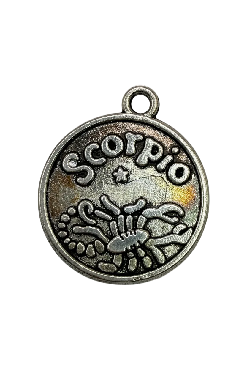 Antique silver round Scorpio zodiac disc with raised scorpion symbol and star detail