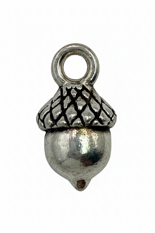 Antiqued silver acorn pendant with textured cap and polished nut
