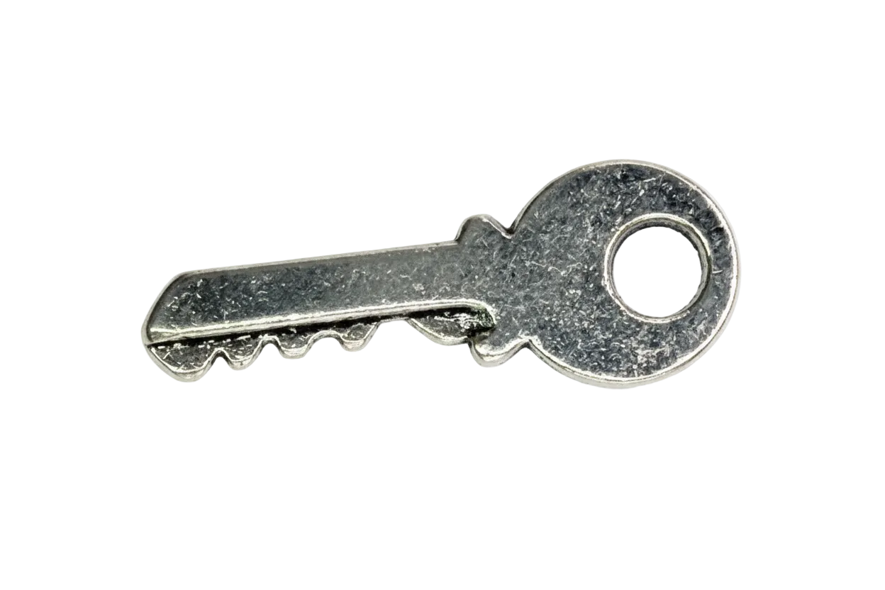 Silver key charm with textured finish and round bow detail