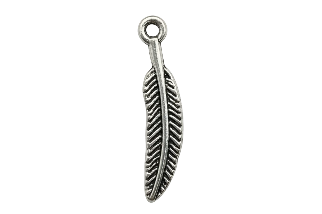 Silver-tone engraved feather charm with cutout texture and oxidized detailing on black background