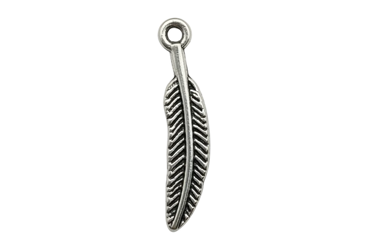 Silver-tone engraved feather charm with cutout texture and oxidized detailing on black background