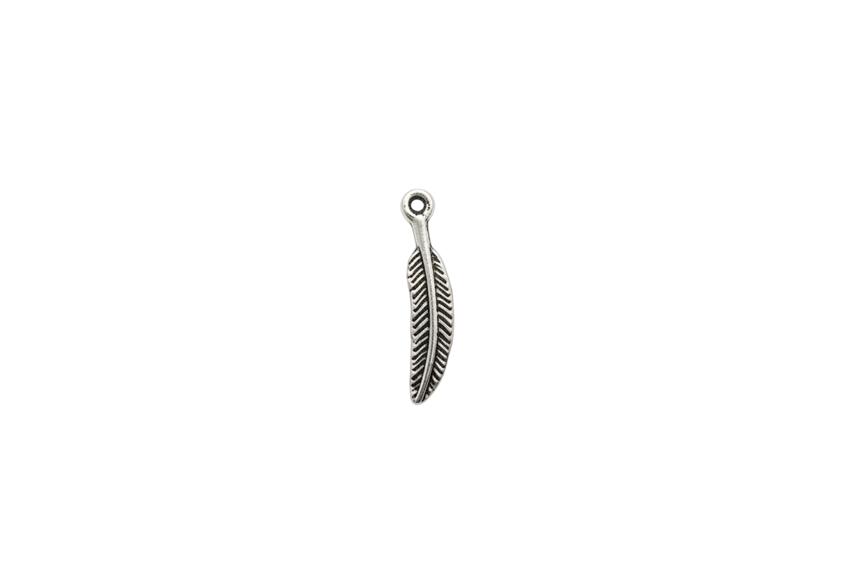 Silver-tone engraved feather with cutout texture and oxidized detailing