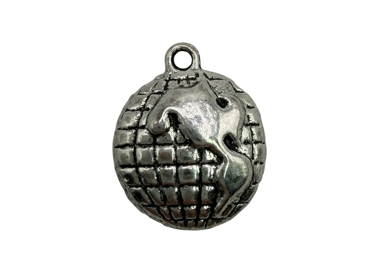 Antiqued silver futuristic space station orb with grid panel detailing