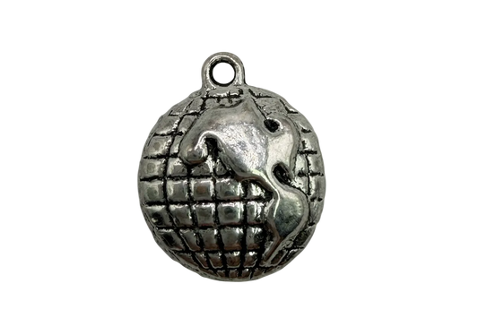 Antiqued silver futuristic space station orb with grid panel detailing