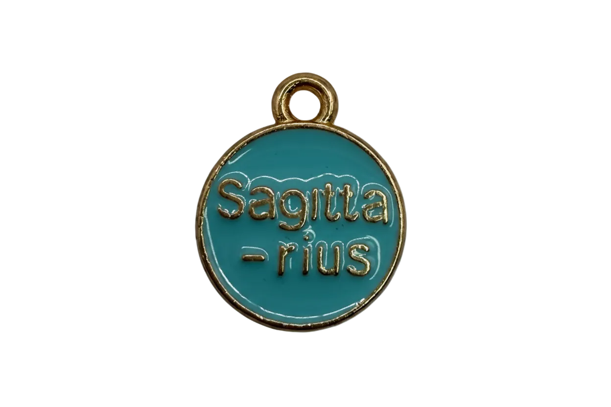 Round teal enamel disc with raised gold lettering and gold border